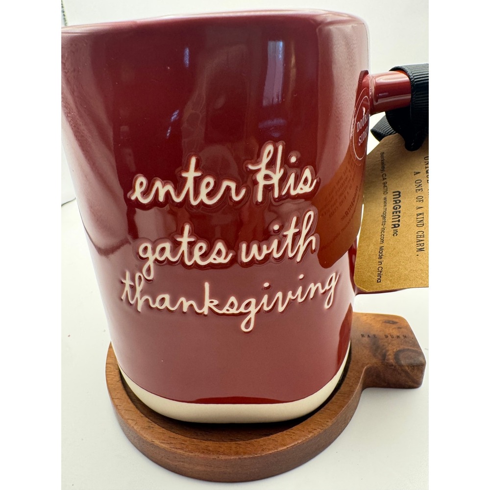 Rae Dunn Red Psalm 100:4 Scripture Mug with Wood Coaster Cross Handle NEW